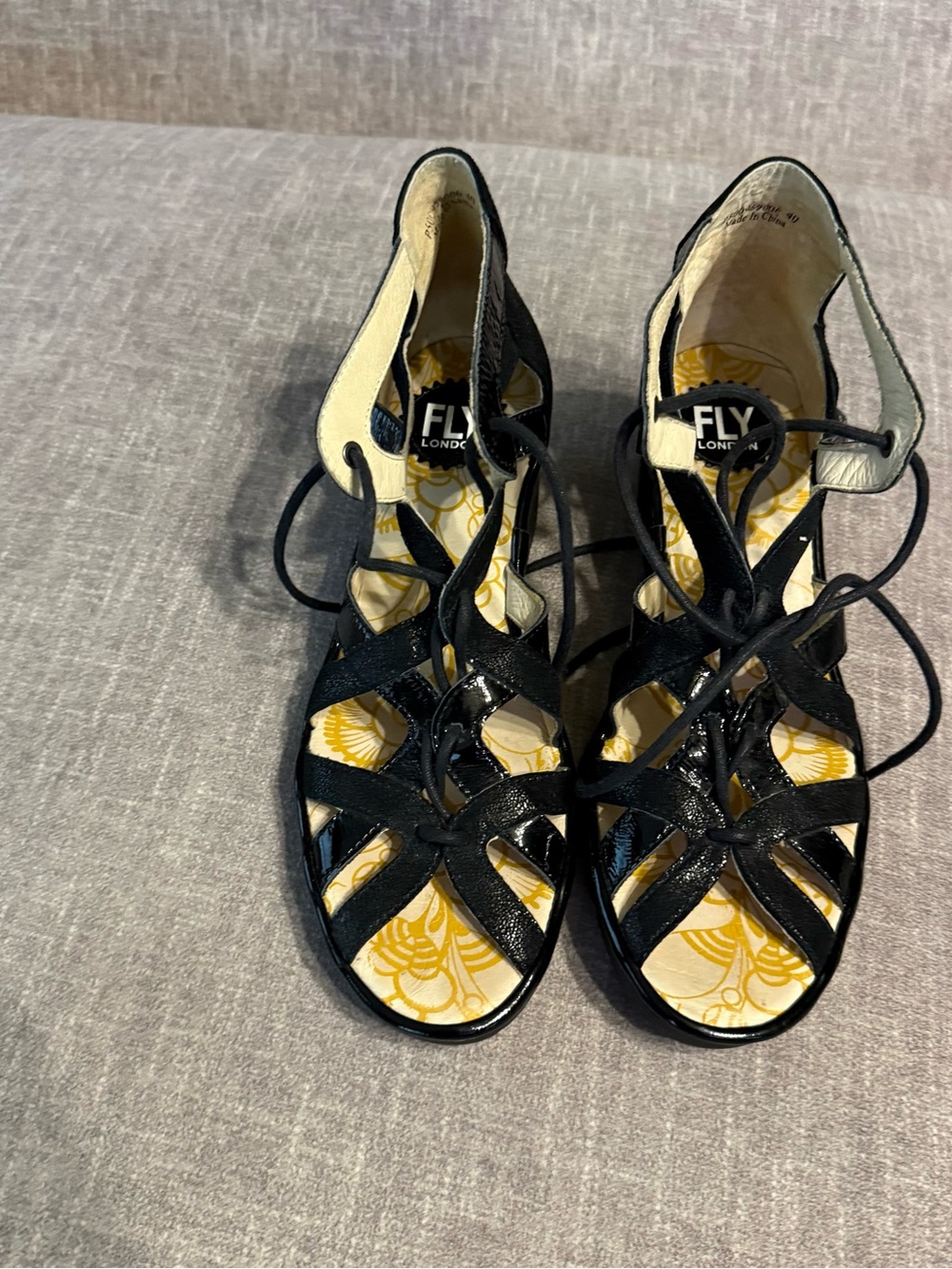 Fly London Black Patent Lace-Up Strappy Heels